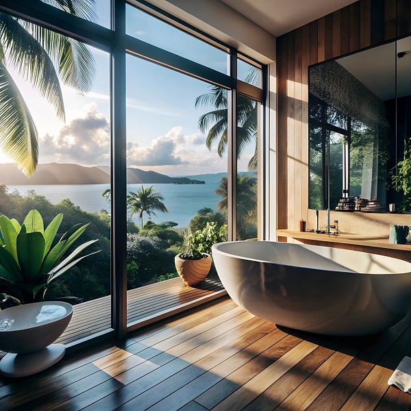 Vue extérieure sur la nature depuis une architecture moderne optimisée en Feng Shui