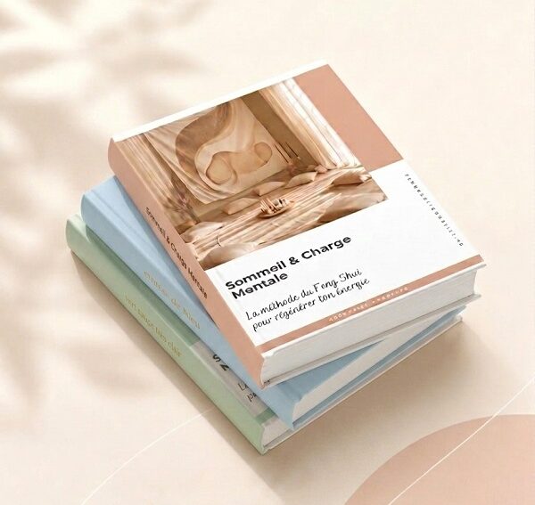 Maquette 3D de l'e-book Sommeil et Charge Mentale par Géraldine, expert Feng Shui. Une pile de trois livres aux teintes pastel doux : beige poudré, bleu ciel et vert sauge