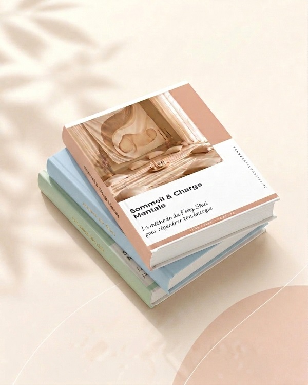Maquette 3D de l'e-book Sommeil et Charge Mentale par Géraldine, expert Feng Shui. Une pile de trois livres aux teintes pastel doux : beige poudré, bleu ciel et vert saugeMaquette 3D de l'e-book Sommeil et Charge Mentale par Géraldine, expert Feng Shui. Une pile de trois livres aux teintes pastel doux : beige poudré, bleu ciel et vert sauge