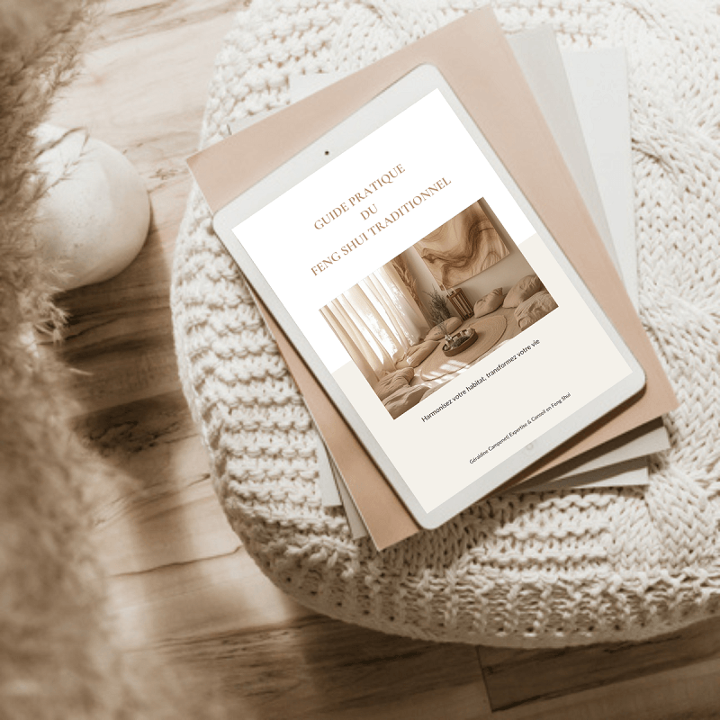 guide-feng-shui-traditionnel-gratuit Guide gratuit « Les principes clés du Feng Shui » affiché sur un écran de tablette numérique dans un décor chaleureux.