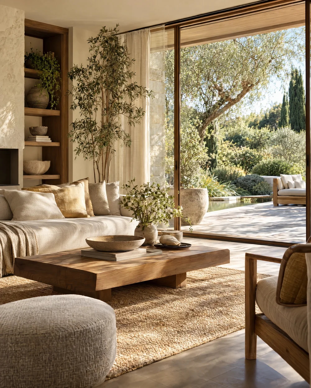 Intérieur lumineux ouvert sur un jardin, illustrant l’harmonisation Feng Shui d’un habitat
